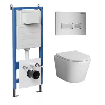 Комплект Унитаз подвесной с инсталляцией Grossman Pragma 97.4478BMS.03.110 безободковый, черный матовый + Кнопка смыва хром матовый