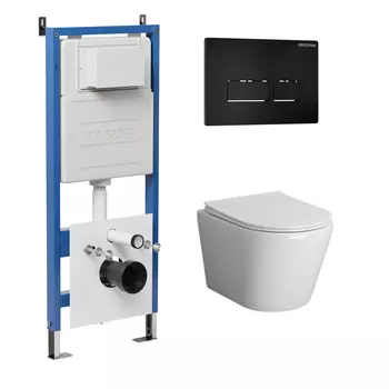 Комплект Унитаз подвесной с инсталляцией Grossman Pragma 97.4478BMS.03.210 безободковый, черный матовый + Кнопка смыва черная матовая