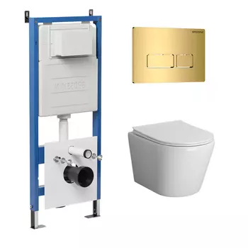 Комплект Унитаз подвесной с инсталляцией Grossman Pragma 97.4478BMS.03.300 безободковый, черный матовый + Кнопка смыва золото глянцевое