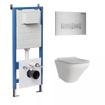 Комплект Унитаз подвесной с инсталляцией Grossman Pragma 97.4440S.03.110 безободковый, белый + Кнопка смыва хром матовый