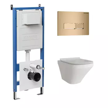 Комплект Унитаз подвесной с инсталляцией Grossman Pragma 97.4440S.03.310 безободковый, белый + Кнопка смыва золото матовое