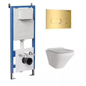 Комплект Унитаз подвесной с инсталляцией Grossman Pragma 97.4440S.03.300 безободковый, белый + Кнопка смыва золото глянцевое