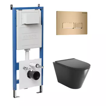 Комплект Унитаз подвесной с инсталляцией Grossman Pragma 97.4477BMSQ.03.310 безободковый, черный матовый + Кнопка смыва золото матовое