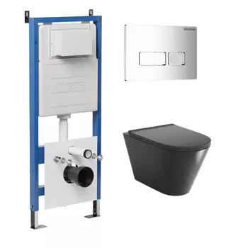 Комплект Унитаз подвесной с инсталляцией Grossman Pragma 97.4477BMSQ.03.100 безободковый, черный матовый + Кнопка смыва хром глянцевый