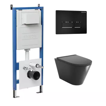 Комплект Унитаз подвесной с инсталляцией Grossman Pragma 97.4477BMSQ.03.210 безободковый, черный матовый + Кнопка смыва черная матовая