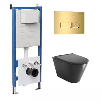 Комплект Унитаз подвесной с инсталляцией Grossman Pragma 97.4477BMSQ.03.300 безободковый, черный матовый + Кнопка смыва золото глянцевое