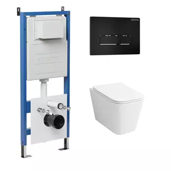 Комплект Унитаз подвесной с инсталляцией Grossman Pragma 97.4441S.03.210 безободковый, белый + Кнопка смыва черная матовая