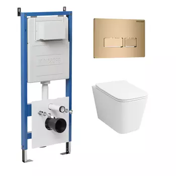 Комплект Унитаз подвесной с инсталляцией Grossman Pragma 97.4441S.03.310 безободковый, белый + Кнопка смыва золото матовое