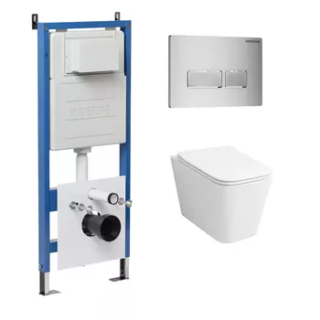 Комплект Унитаз подвесной с инсталляцией Grossman Pragma 97.4441S.03.110 безободковый, белый + Кнопка смыва хром матовый