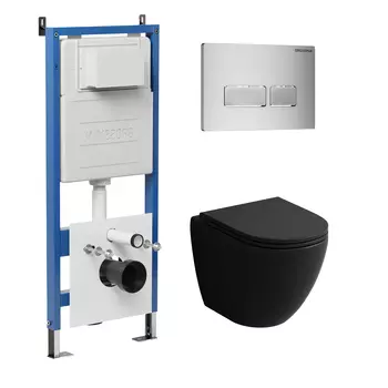 Комплект Унитаз подвесной с инсталляцией Grossman Pragma 97.4455BMSQ.03.110 безободковый, черный матовый+ Кнопка смыва хром матовый