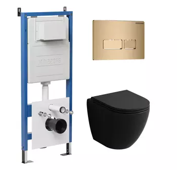 Комплект Унитаз подвесной с инсталляцией Grossman Pragma 97.4455BMSQ.03.310 безободковый, черный матовый+ Кнопка смыва золото матовое