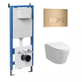 Комплект Унитаз подвесной с инсталляцией Grossman Pragma 97.4477S.03.310 безободковый, белый+ Кнопка смыва золото матовое