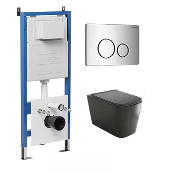 Комплект Унитаз подвесной с инсталляцией Grossman Style 97.4441BMS.05.10M безободковый, черный матовый + Кнопка смыва хром глянцевый