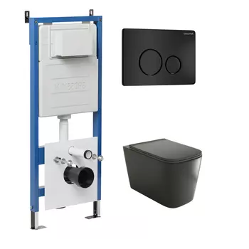 Комплект Унитаз подвесной с инсталляцией Grossman Style 97.4441BMS.05.21M безободковый, черный матовый + Кнопка смыва черная матовая