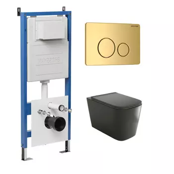 Комплект Унитаз подвесной с инсталляцией Grossman Style 97.4441BMS.05.30M безободковый, черный матовый + Кнопка смыва золото глянцевое