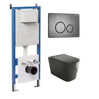 Комплект Унитаз подвесной с инсталляцией Grossman Style 97.4441BMS.05.42M безободковый, черный матовый + Кнопка смыва графит сатиновый