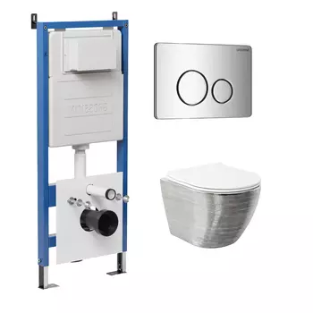 Комплект Унитаз подвесной с инсталляцией Grossman Style 97.4455SWS.05.10M безободковый, серебро+ Кнопка смыва хром глянцевый