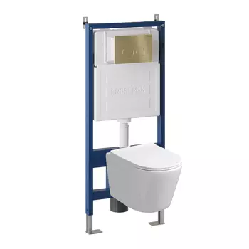 Комплект Унитаз подвесной с инсталляцией Grossman Style 97.4477S.05.32M безободковый, белый+ Кнопка смыва золото сатиновое