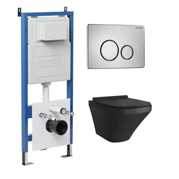 Комплект Унитаз подвесной с инсталляцией Grossman Style 97.4440BMS.05.12M безободковый, черный матовый+ Кнопка смыва хром сатиновый