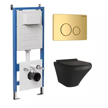 Комплект Унитаз подвесной с инсталляцией Grossman Style 97.4440BMS.05.30M безободковый, черный матовый+ Кнопка смыва золото глянцевое