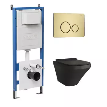 Комплект Унитаз подвесной с инсталляцией Grossman Style 97.4440BMS.05.32M безободковый, черный матовый+ Кнопка смыва золото сатиновое