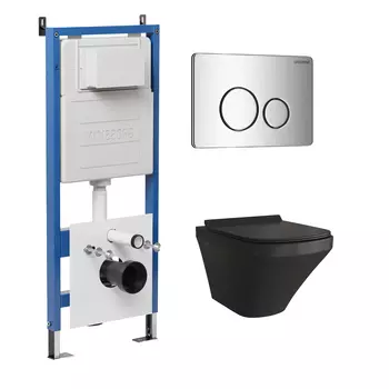 Комплект Унитаз подвесной с инсталляцией Grossman Style 97.4440BMS.05.42M безободковый, черный матовый+ Кнопка смыва графит сатиновый