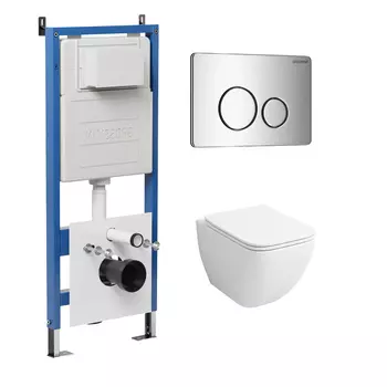 Комплект Унитаз подвесной с инсталляцией Grossman Style 97.4447S.05.10M безободковый, белый+ Кнопка смыва хром глянцевый