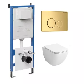 Комплект Унитаз подвесной с инсталляцией Grossman Style 97.4447S.05.30M безободковый, белый+ Кнопка смыва золото глянцевое