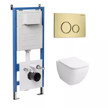 Комплект Унитаз подвесной с инсталляцией Grossman Style 97.4447S.05.32M безободковый, белый+ Кнопка смыва золото сатиновое