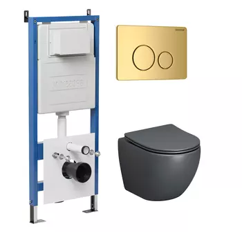 Комплект Унитаз подвесной с инсталляцией Grossman Style 97.4455GMS.05.30M безободковый, серый матовый+ Кнопка смыва золото глянцевое