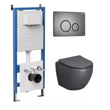 Комплект Унитаз подвесной с инсталляцией Grossman Style 97.4455GMS.05.42M безободковый, серый матовый+ Кнопка смыва графит сатиновый