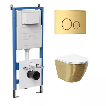 Комплект Унитаз подвесной с инсталляцией Grossman Style 97.4455GWS.05.30M безободковый, золото+ Кнопка смыва золото глянцевое