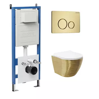 Комплект Унитаз подвесной с инсталляцией Grossman Style 97.4455GWS.05.32M безободковый, золото+ Кнопка смыва золото сатиновое