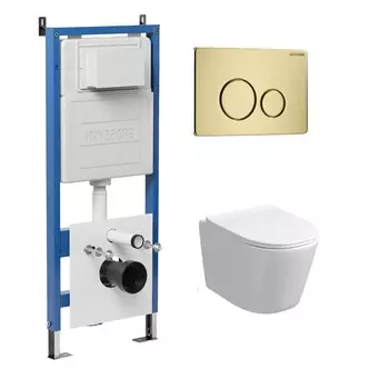 Комплект Унитаз подвесной с инсталляцией Grossman Style 97.4477SQ.05.32M безободковый, белый+ Кнопка смыва золото сатиновое