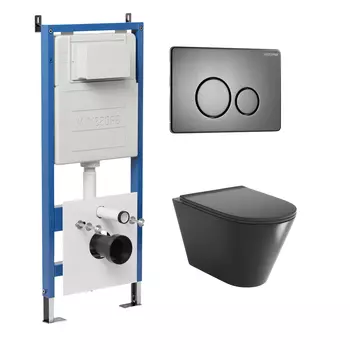 Комплект Унитаз подвесной с инсталляцией Grossman Style 97.4477BMSQ.05.42M безободковый, черный матовый + Кнопка смыва графит сатиновый