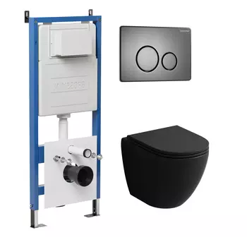 Комплект Унитаз подвесной с инсталляцией Grossman Style 97.4455BMSQ.05.42M безободковый, черный матовый+ Кнопка смыва графит сатиновый