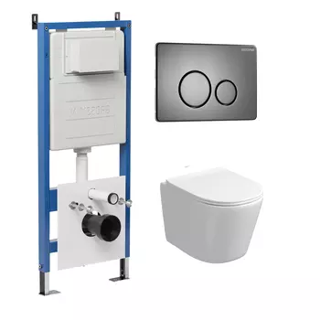 Комплект Унитаз подвесной с инсталляцией Grossman Style 97.4477S.05.42M безободковый, белый+ Кнопка смыва графит сатиновый