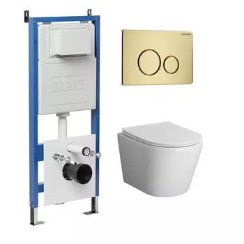 Комплект Унитаз подвесной с инсталляцией Grossman Style 97.4478S.05.32M безободковый, белый + Кнопка смыва золото сатиновое