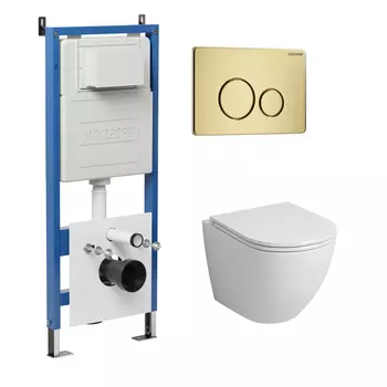 Комплект Унитаз подвесной с инсталляцией Grossman Style 97.4455S.05.32M безободковый, белый + Кнопка смыва золото сатиновое