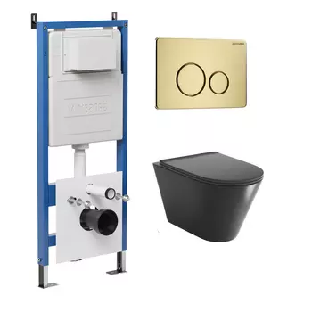 Комплект Унитаз подвесной с инсталляцией Grossman Style 97.4477BMSQ.05.32M безободковый, черный матовый + Кнопка смыва золото сатиновое