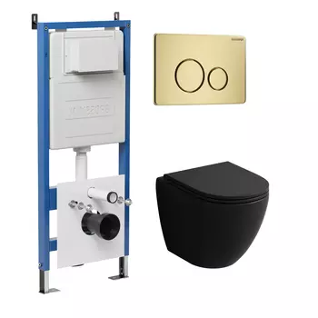 Комплект Унитаз подвесной с инсталляцией Grossman Style 97.4455BMSQ.05.32M безободковый, черный матовый+ Кнопка смыва золото сатиновое