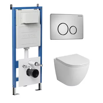 Комплект Унитаз подвесной с инсталляцией Grossman Style 97.4455S.05.12M безободковый, белый + Кнопка смыва хром сатиновый