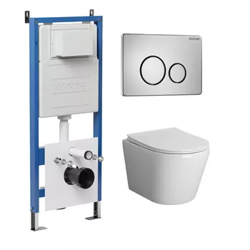 Комплект Унитаз подвесной с инсталляцией Grossman Style 97.4478BMS.05.12M безободковый, черный матовый + Кнопка смыва хром сатиновый