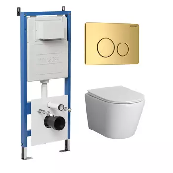 Комплект Унитаз подвесной с инсталляцией Grossman Style 97.4478BMS.05.30M безободковый, черный матовый + Кнопка смыва золото глянцевое