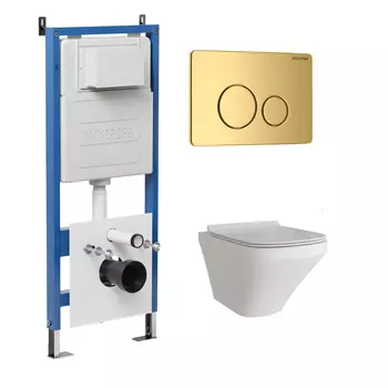 Комплект Унитаз подвесной с инсталляцией Grossman Style 97.4440S.05.30M безободковый, белый + Кнопка смыва золото глянцевое