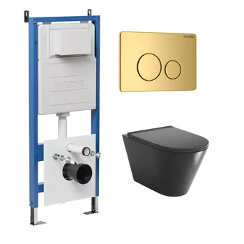 Комплект Унитаз подвесной с инсталляцией Grossman Style 97.4477BMSQ.05.30M безободковый, черный матовый + Кнопка смыва золото глянцевое