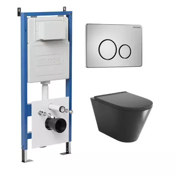 Комплект Унитаз подвесной с инсталляцией Grossman Style 97.4477BMSQ.05.12M безободковый, черный матовый + Кнопка смыва хром сатиновый