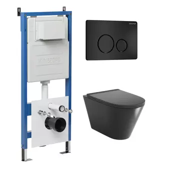 Комплект Унитаз подвесной с инсталляцией Grossman Style 97.4477BMSQ.05.21M безободковый, черный матовый + Кнопка смыва черная матовая