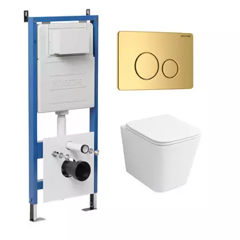 Комплект Унитаз подвесной с инсталляцией Grossman Style 97.4441S.05.30M безободковый, белый + Кнопка смыва золото глянцевое