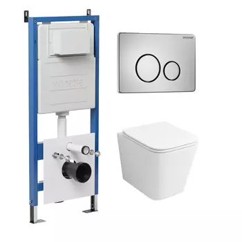 Комплект Унитаз подвесной с инсталляцией Grossman Style 97.4441S.05.12M безободковый, белый + Кнопка смыва хром сатиновый